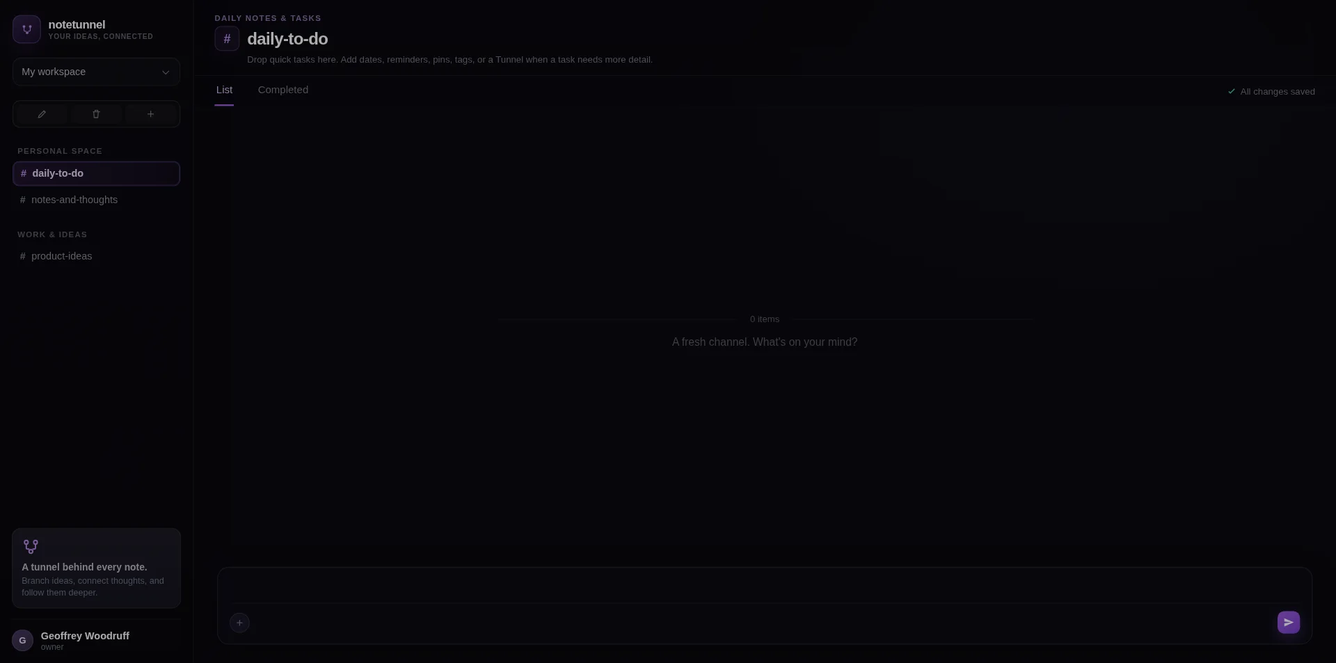 NoteTunnel daily-to-do channel with an empty message composer