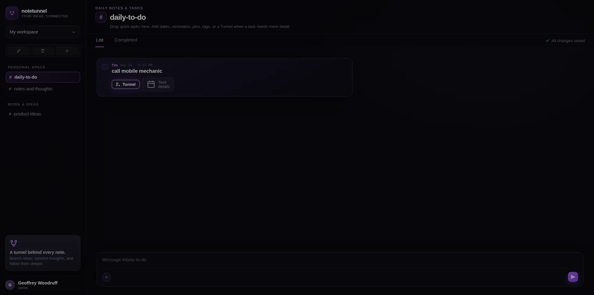 NoteTunnel interface showing a note ready to open into a Tunnel